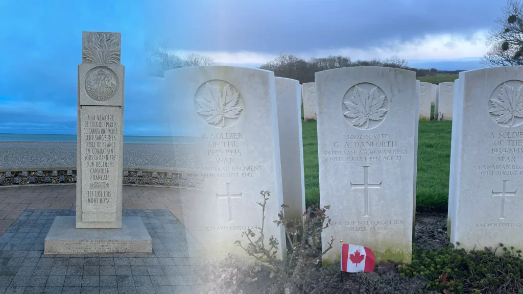 Three white gravestones honoring soldiers from different countries are displayed prominently against a background of a serene sky and distant ocean.
