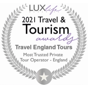 Logo of the 2021 Luxlife Travel & Tourism Awards, featuring an award to Travel England Tours as the most trusted private tour operator in England, with a laurel and star design.