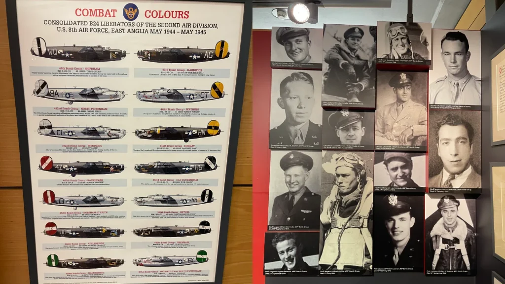 Display board showing "combat colours" of consolidated b-24 liberators, with detailed aircraft illustrations, and a separate panel featuring black and white photos of u.s. air force crew members from 1944-1945.