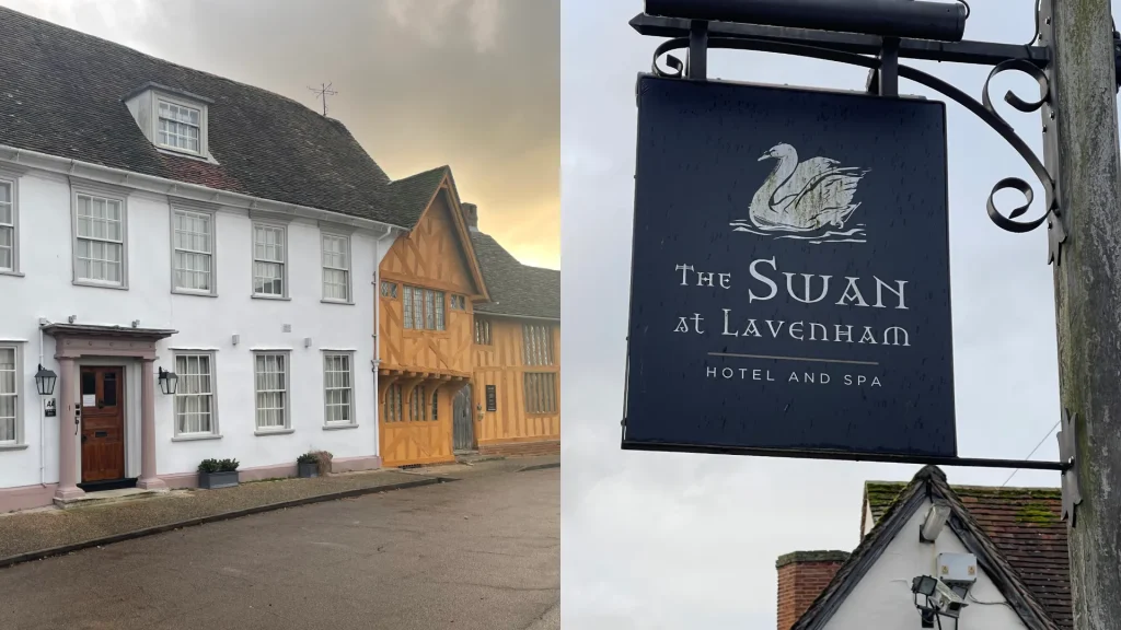 A dual image: on the left, a row of traditional english houses with a prominent wooden-framed building; on the right, a sign that reads "the swan at lavenham hotel and spa" with a swan illustration.