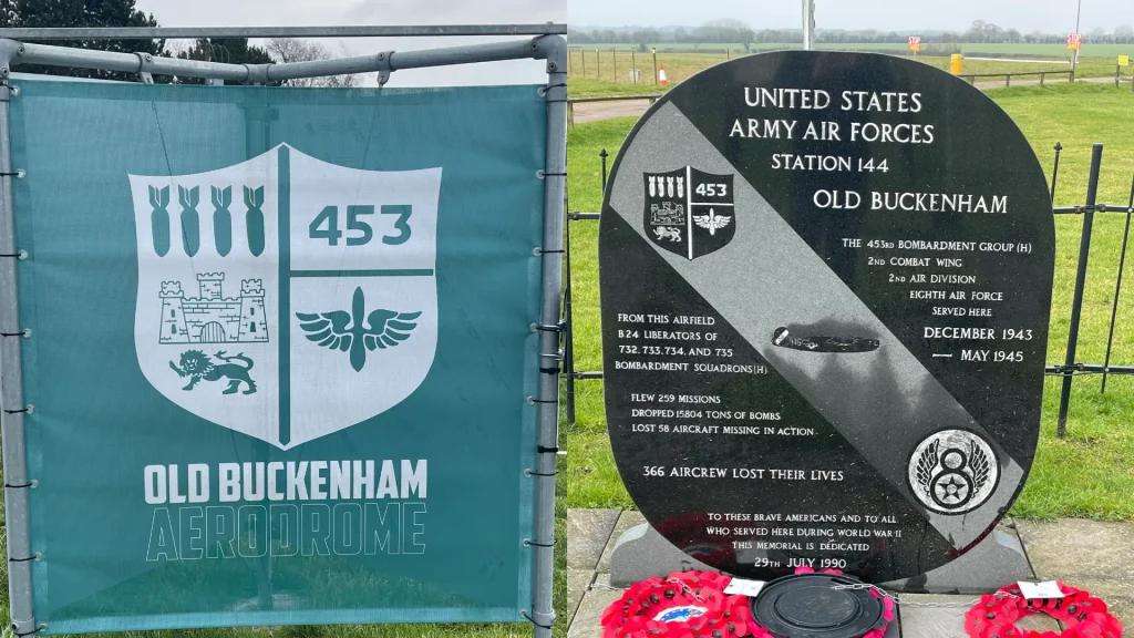 A memorial at old buckenham aerodrome displaying a blue sign with the crest and number 453, and a plaque detailing the history of the united states army air forces station 144 with wreath tributes.