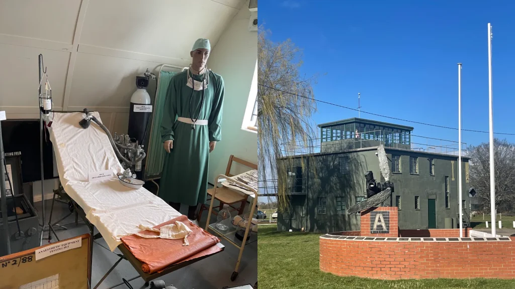 Left: a historic medical exhibit featuring a mannequin in surgical scrubs standing over an operating table with instruments. right: a modern observatory with a large telescope extended from a brick building under a clear sky.