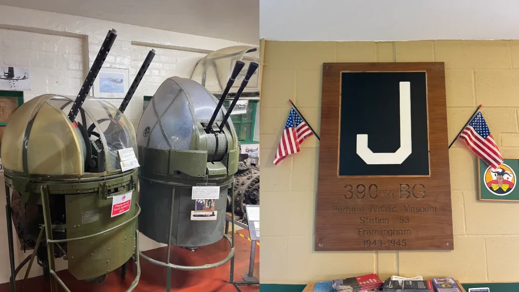 Two images: left shows vintage military headgear exhibited at a museum; right features a memorial plaque with the letter 'j' and "390th bg" between two american flags, commemorating army air force station 153 from 1943-1945.