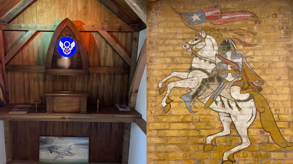 Left: a rustic attic space with a wooden interior featuring a colorful stained glass window. right: a faded mural of a charging knight with a flowing american flag on a brick wall.