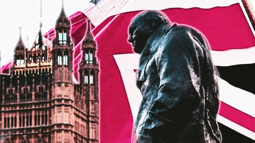 Silhouetted statue of a man in profile with the british parliament building in soft focus in the background, overlaid with a graphic of a red and white flag.