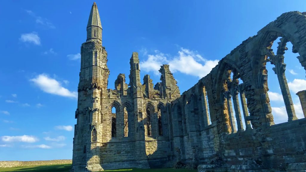 Ruins of a gothic cathedral with arched windows and a pointed spire under a clear blue sky. sunlight illuminates the grassy field surrounding the structure.