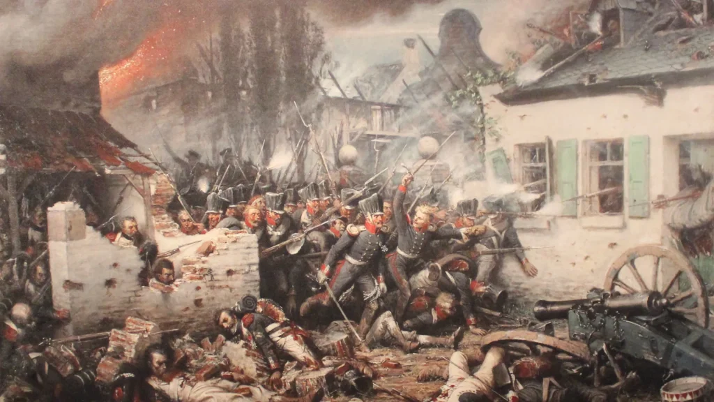 A detailed historical painting depicting a chaotic battle scene with soldiers in 19th-century uniforms engaged in intense combat amidst burning buildings and debris.