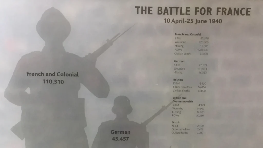 Silhouettes of two soldiers against a foggy background with text overlay detailing "the battle for france 10 april-25 june 1940" and casualty statistics for french, colonial, and german forces.