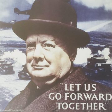 Historical poster featuring winston churchill in a bowler hat with a determined expression, overlaid with the text 