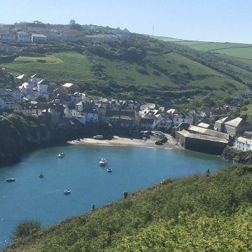 A scenic view of a coastal village nestled in a green valley with houses tightly packed around a small harbor filled with boats, under a clear blue sky.