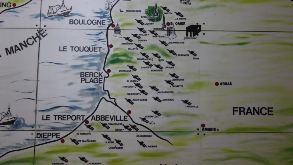 Map section featuring the northern coastline of france along the english channel, highlighting cities such as le touquet, dieppe, and abbeville with illustrations of boats and symbols marking locations.