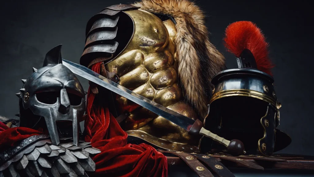 Historical armor display featuring a roman centurion helmet with red plume, medieval knight helmet, and japanese samurai armor with a sword, all set against a gray background.
