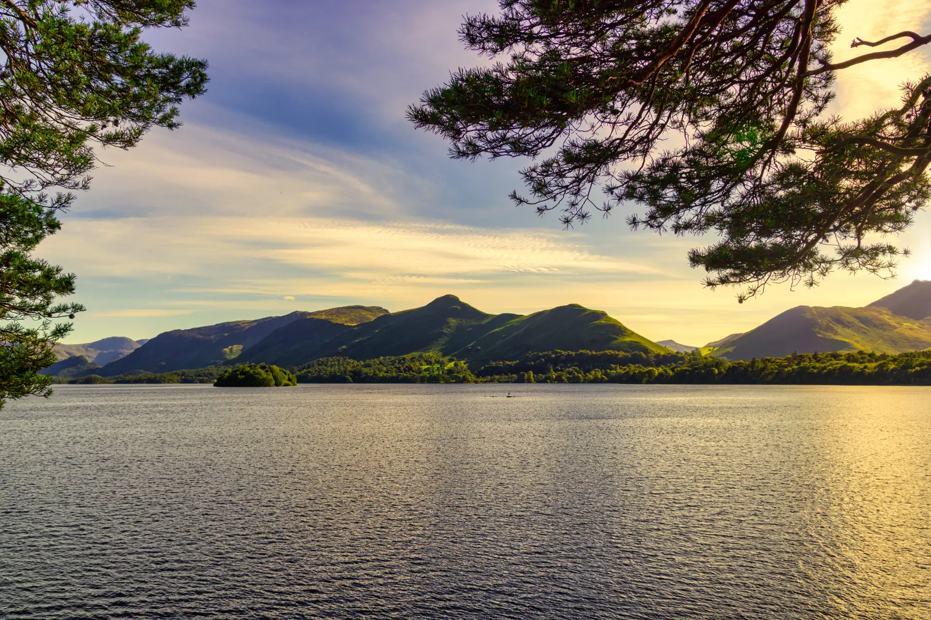 Sunlit derwentwater lake surface